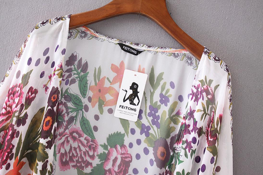 Floral Print Chiffon Loose Shawl Kimono