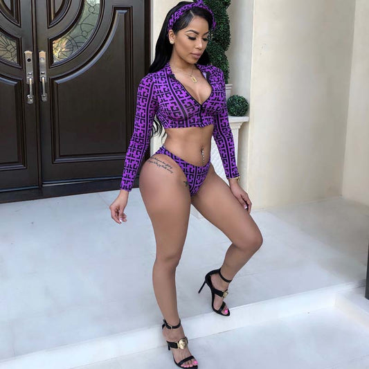 Purple Head Scarf, Crop Top and Bikini 3 Piece Sets