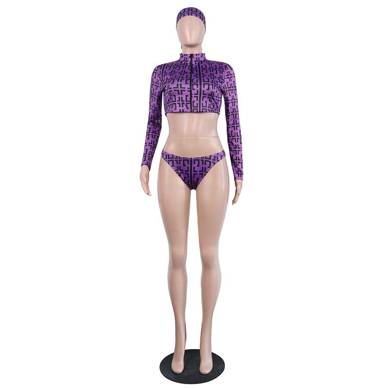 Purple Head Scarf, Crop Top and Bikini 3 Piece Sets