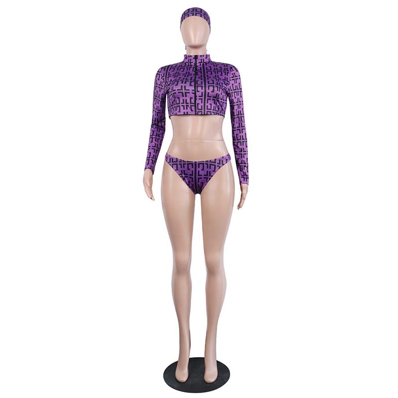 Purple Head Scarf, Crop Top and Bikini 3 Piece Sets