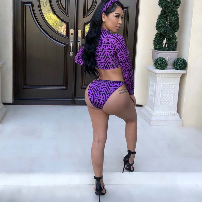 Purple Head Scarf, Crop Top and Bikini 3 Piece Sets
