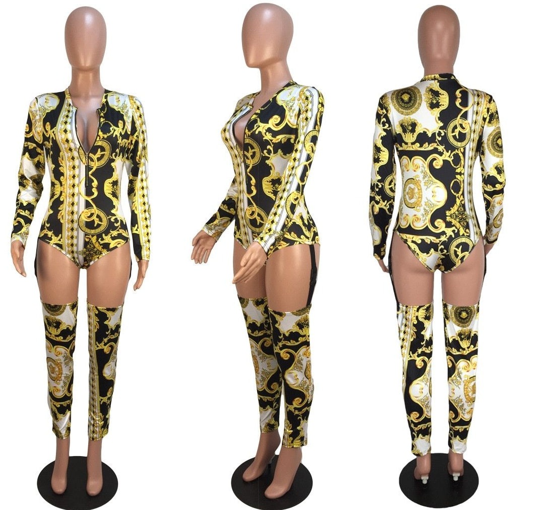 Print Long Sleeve Bodysuit Thigh Buckle Hollow Jumpsuits