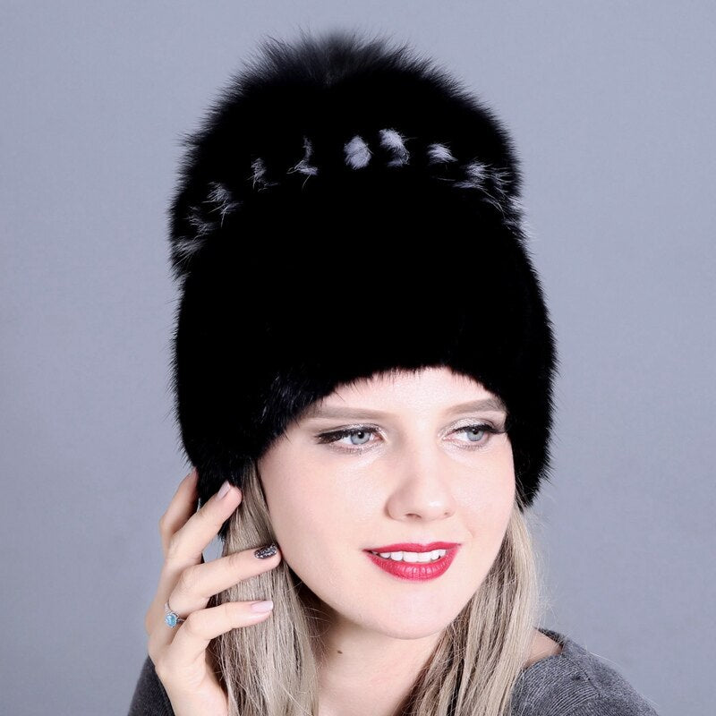 Mink Fur & Fox Fur Big Pom Knitted Beanies