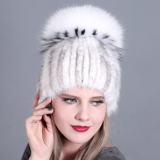 Mink Fur & Fox Fur Big Pom Knitted Beanies