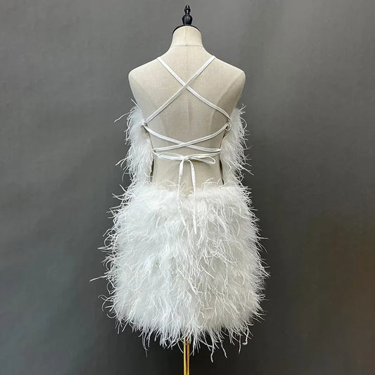 Ostrich Feather Backless Mini Dresses