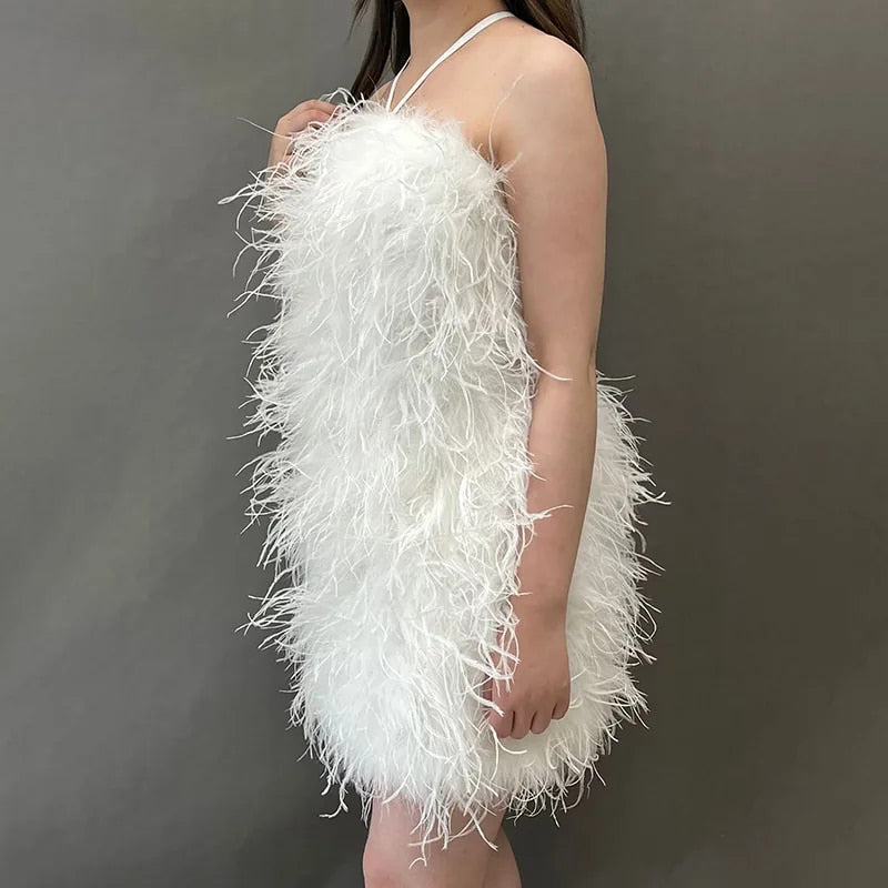 Ostrich Feather Backless Mini Dresses