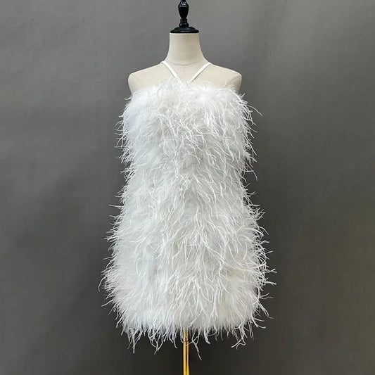 Ostrich Feather Backless Mini Dresses