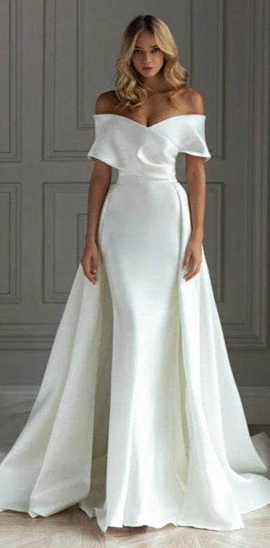 Satin Off the Shoulder Wedding Dress 2 In 1 Detachable