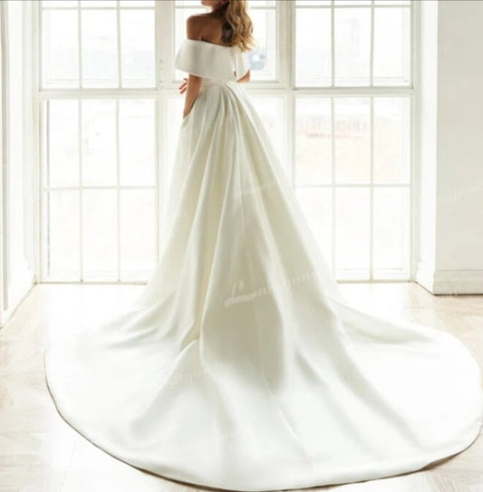 Satin Off the Shoulder Wedding Dress 2 In 1 Detachable