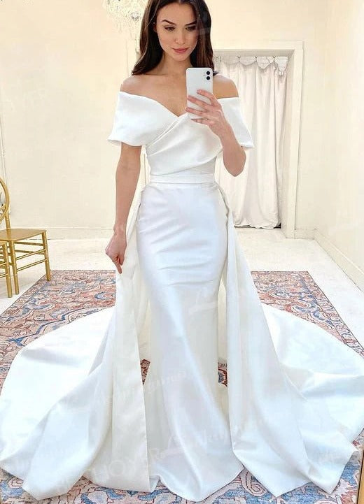 Satin Off the Shoulder Wedding Dress 2 In 1 Detachable