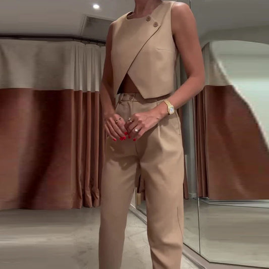 Sleeveless Single Breasted Crop & Pants Sets