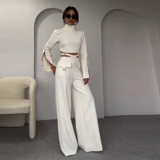 Button Long Sleeve Crop & X-Wide Leg Pant Sets