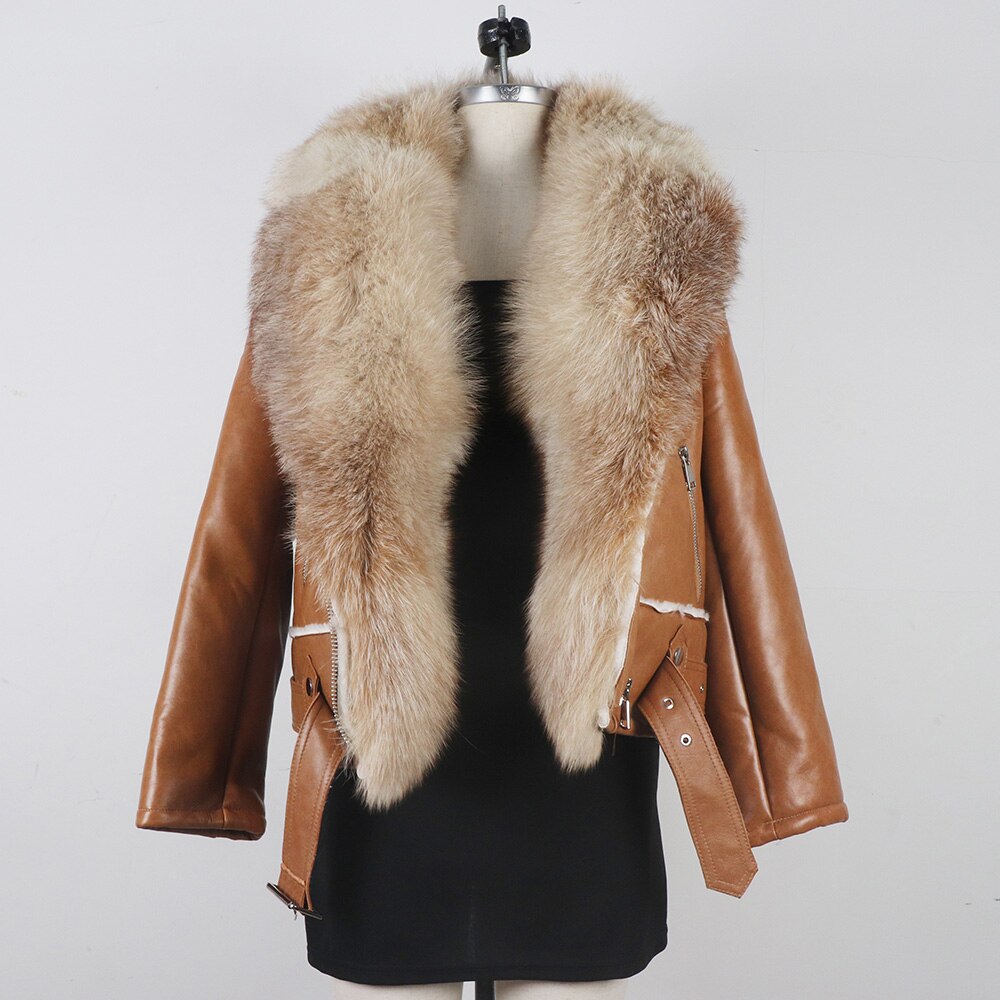 Genuine Leather Coats Real Fur Collar And Cuff