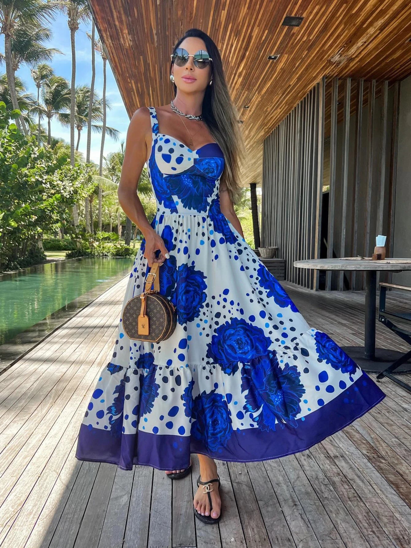 Floral Print Sleeveless Flare Long Dresses