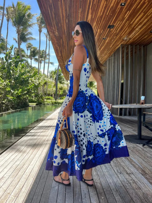 Floral Print Sleeveless Flare Long Dresses