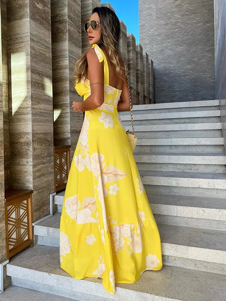 Floral Print Sleeveless Flare Long Dresses