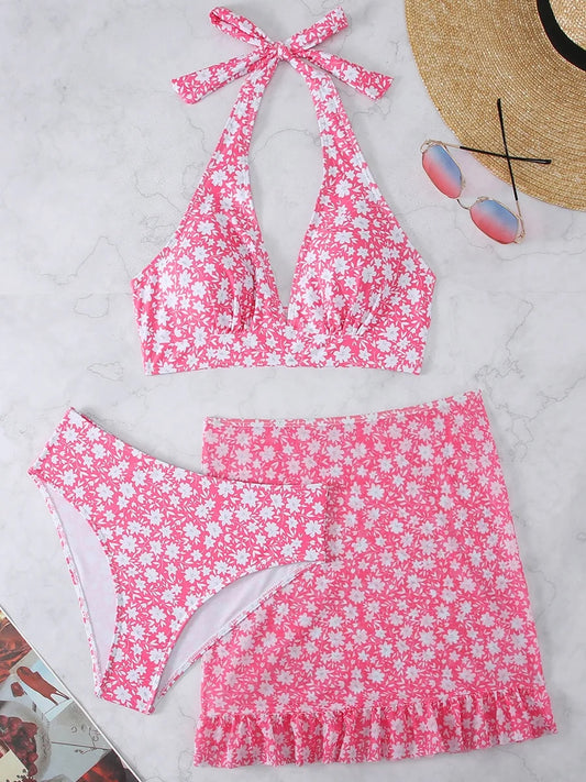 Halter Bikini Skirt 3 Pieces Sets