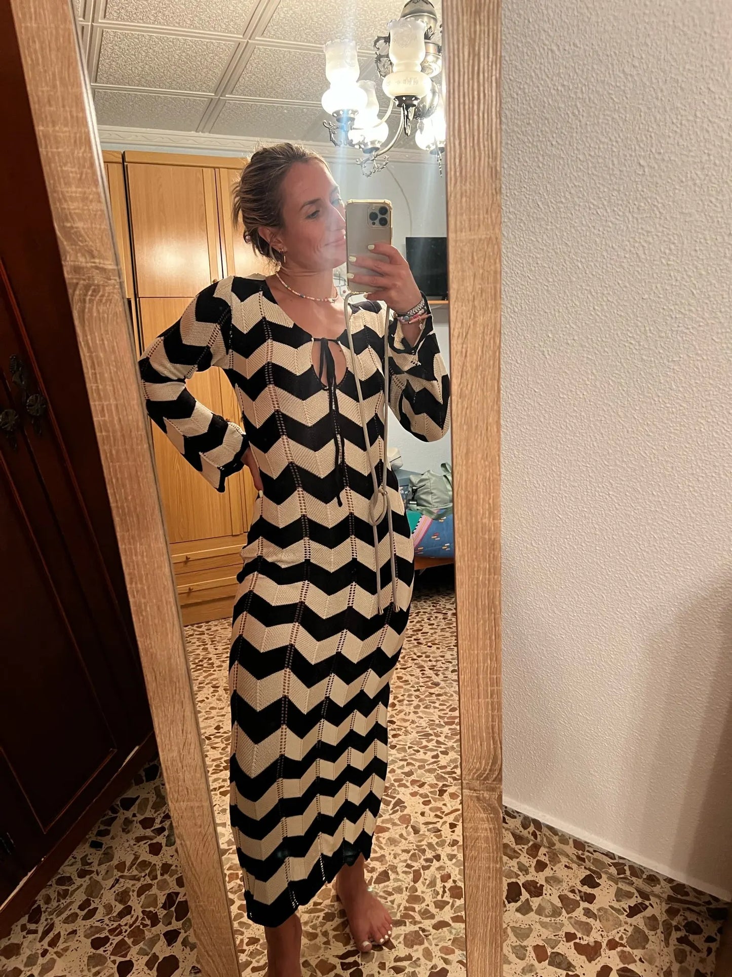 Striped Knitted Long Sleeve Long Dress