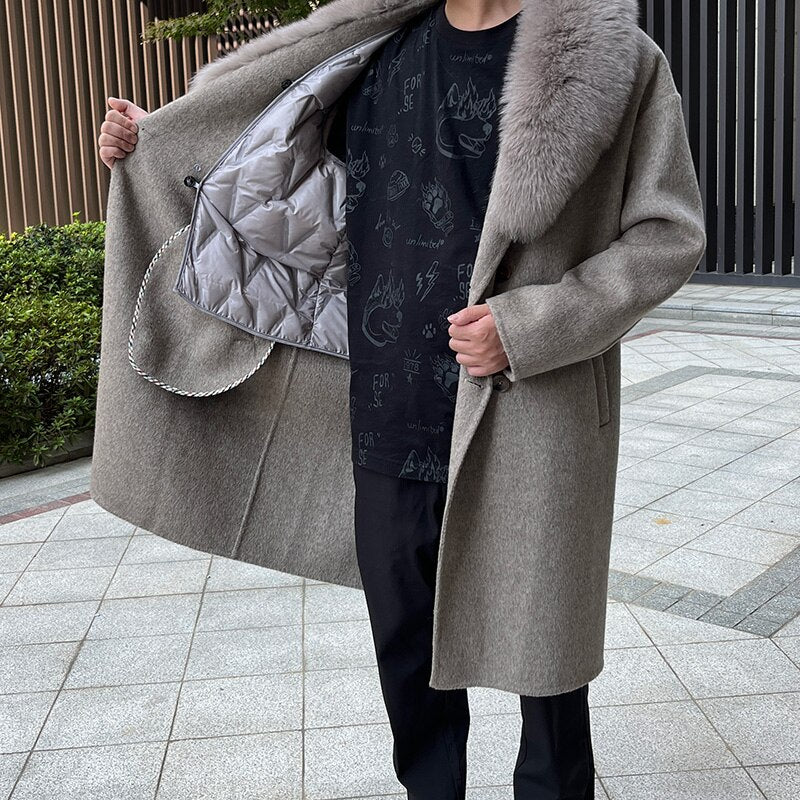 Real Wool Detachable Big Real Fox Fur Collar Long Coats