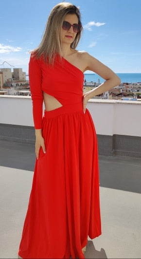 One Shoulder Long Sleeve Hollow Pleated Dress