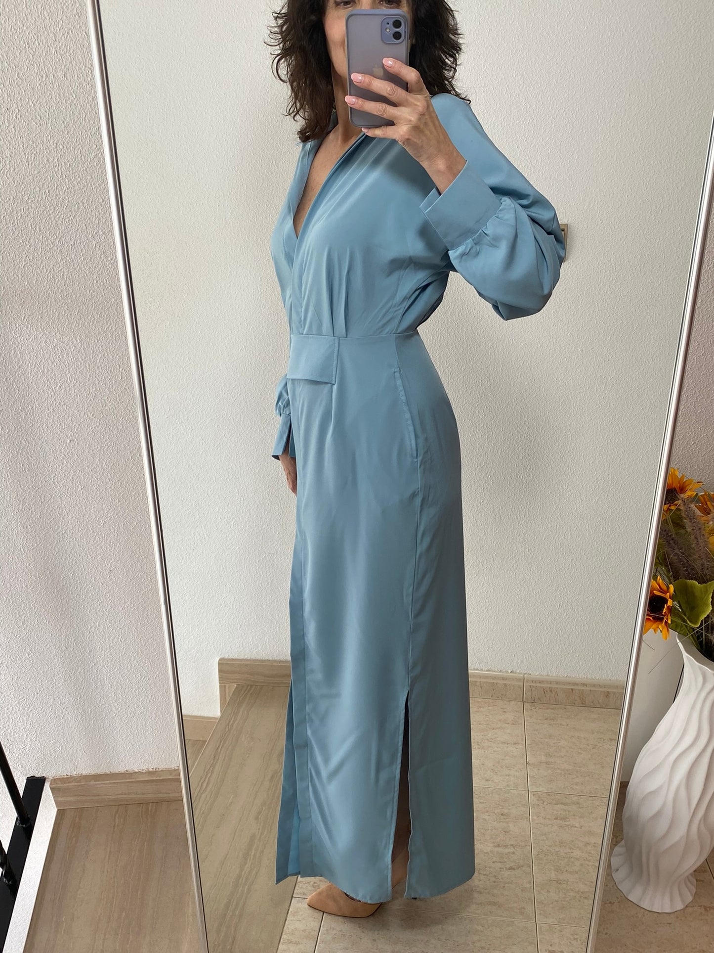 Button Up Long Sleeve V Slit Maxi Dress