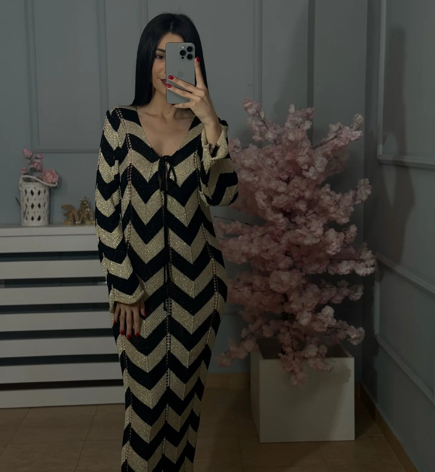 Striped Knitted Long Sleeve Long Dress