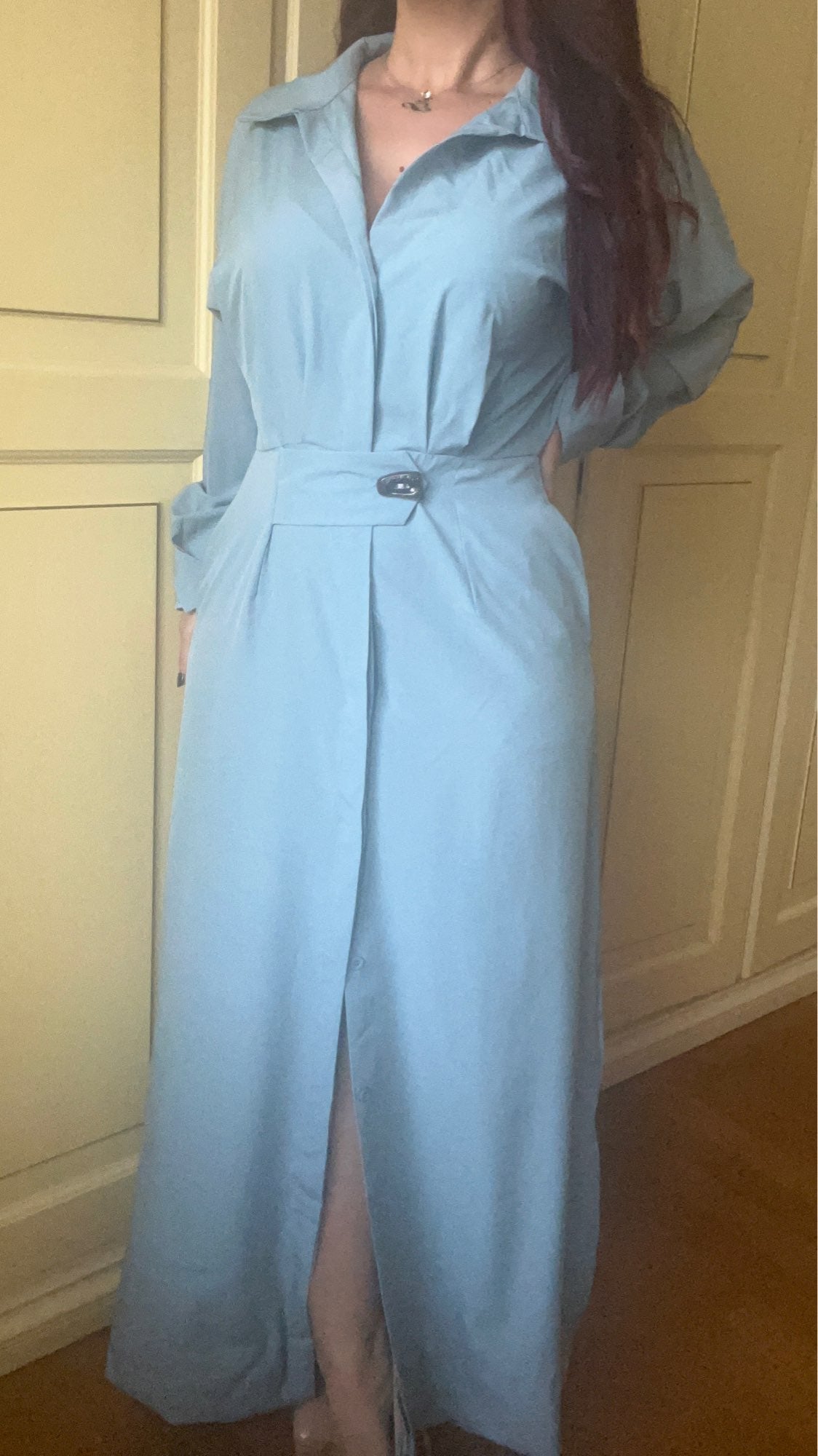 Button Up Long Sleeve V Slit Maxi Dress