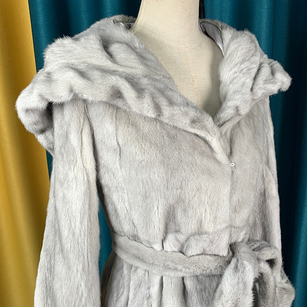 Real Mink Fur Coat With Big Hood Skirt Coats