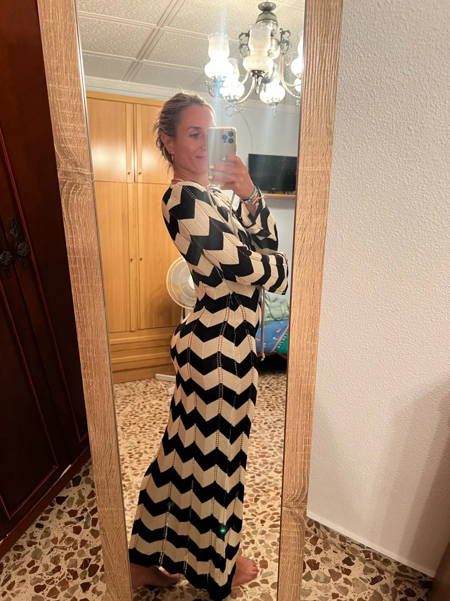 Striped Knitted Long Sleeve Long Dress