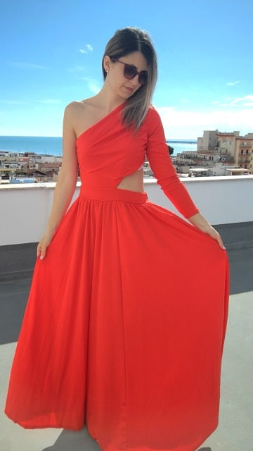 One Shoulder Long Sleeve Hollow Pleated Dress