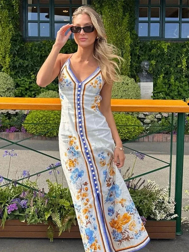 Printed Sleeveless Backless Long Dress