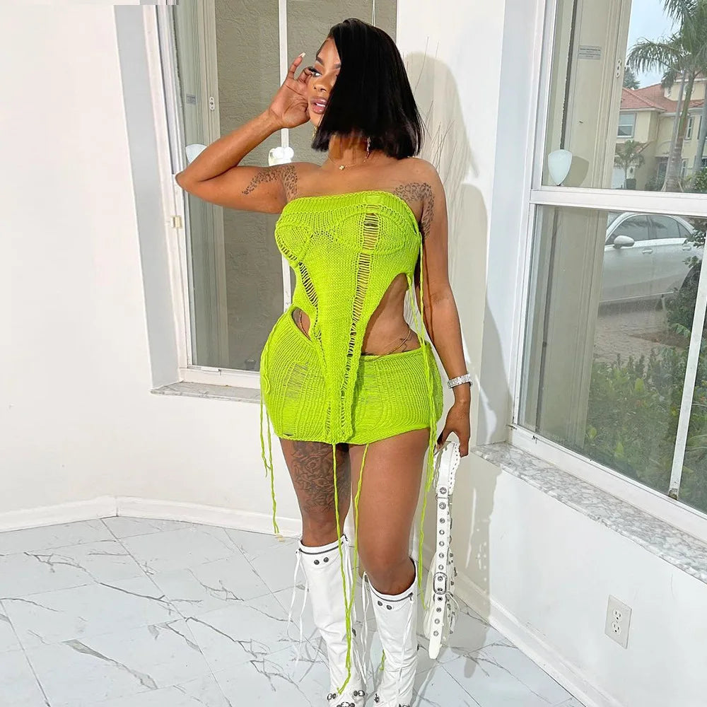 Irregular Knitted Strapless Crop Top & Mini Skirt Sets