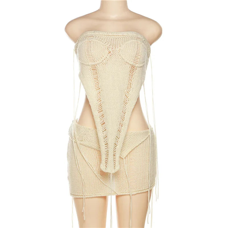 Irregular Knitted Strapless Crop Top & Mini Skirt Sets