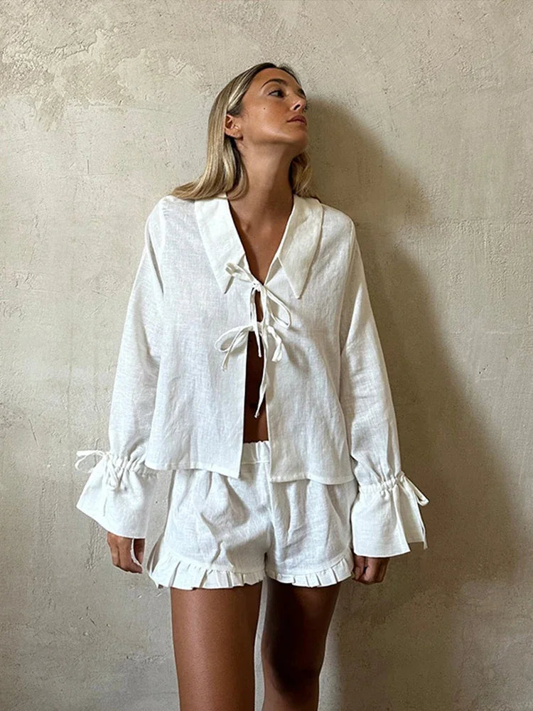 Tie Lantern Sleeve Blouse & Ruffles Shorts Sets