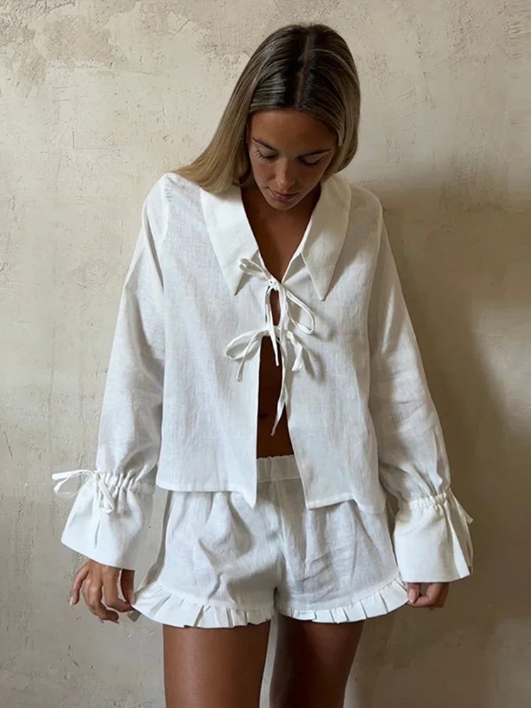 Tie Lantern Sleeve Blouse & Ruffles Shorts Sets