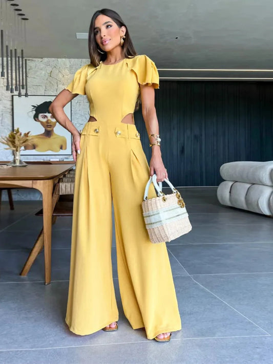 Hollow Sides Butterfly Sleeve X-Wide Leg Jumpsuits