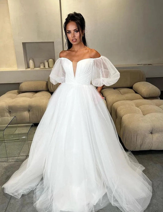 Deep V-Neck Puff Sleeves Floor-Length Gowns