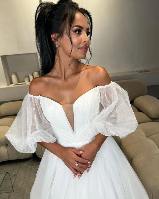 Deep V-Neck Puff Sleeves Floor-Length Gowns