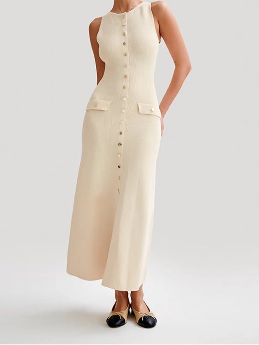 Knitted Sleeveless Button Up Long Dresses