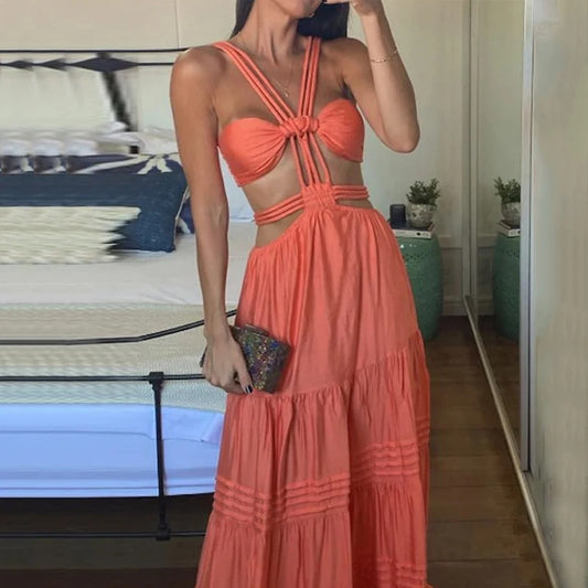 Strap Sleeveless Backless Hollow Long Dresses