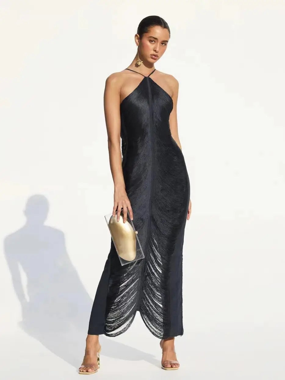 Tassels Halter Sleeveless Backless Long Dresses