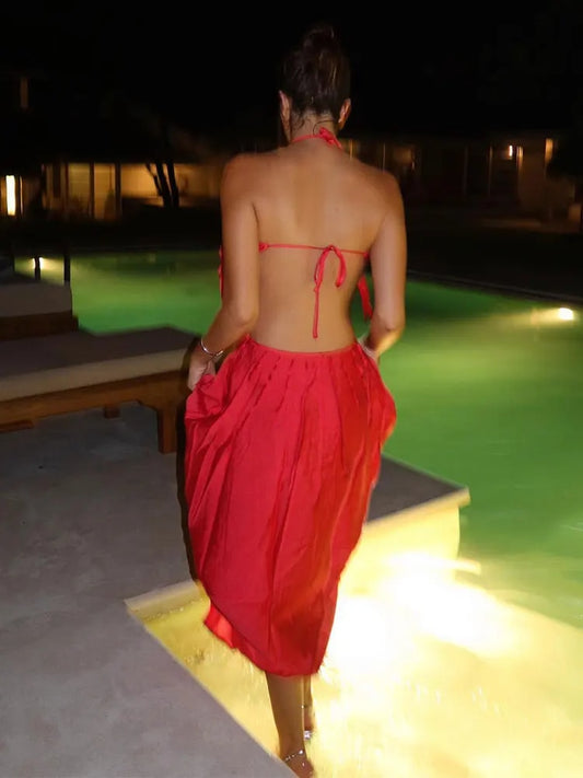 Red Tassels Bust Hollow Backless Long Dress