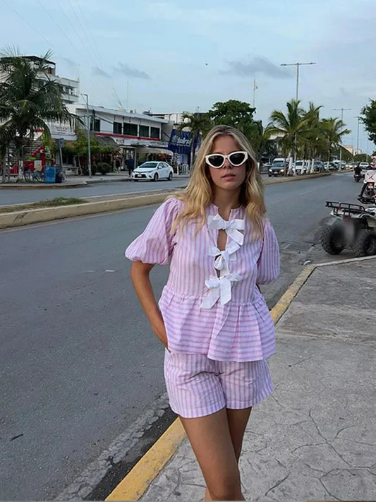 Stripe Puff Short Sleeve Blouse & Shorts Sets