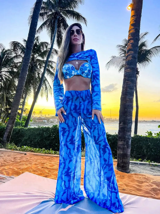 Bikini & Long Sleeve Crop Wide Leg Pants Sets