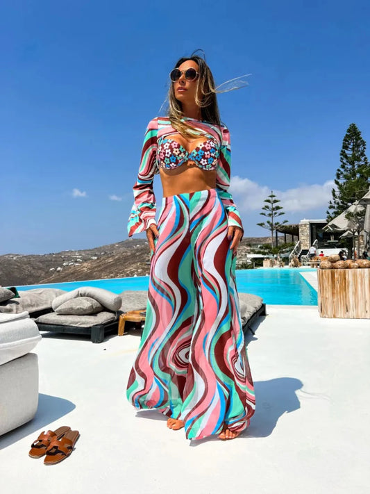 Bikini & Long Sleeve Crop Wide Leg Pants Sets