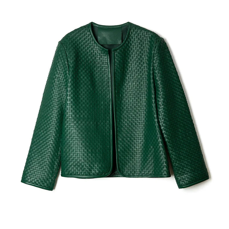 Genuine Leather Jacket Women Autumn 2025 Stylish Vintage Hand-Woven Sheepskin Chaqueta Mujer O-Neck Cardigan Plaid Coat Outwear