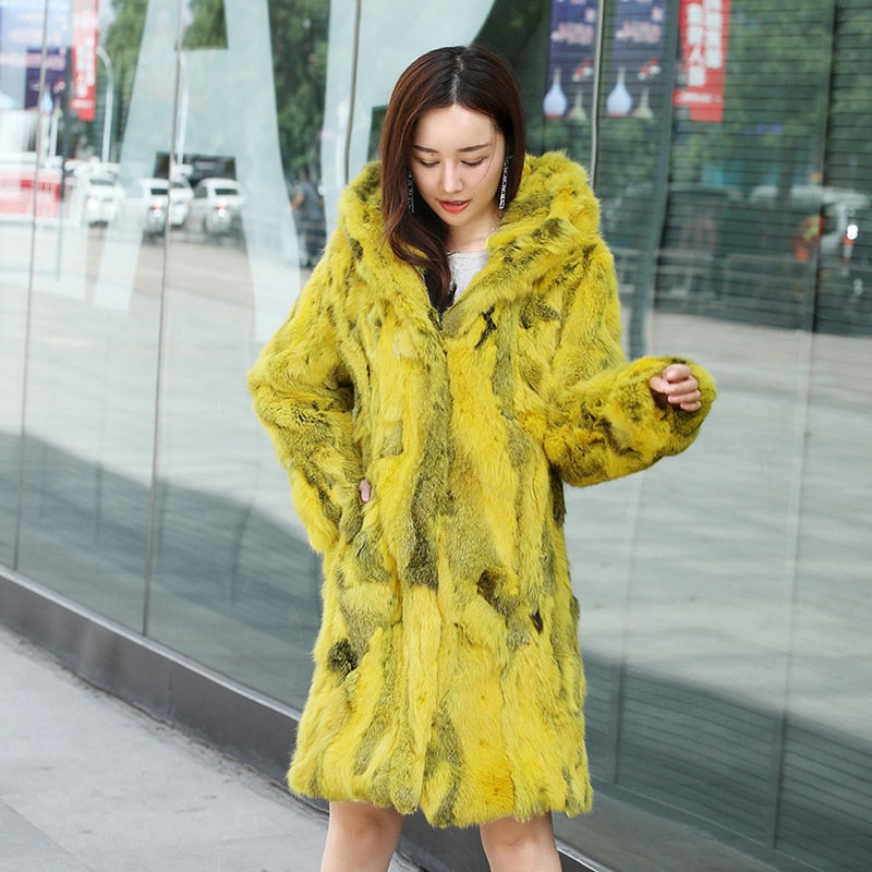 Mixed Color Blend Real Fur Hooded Coats