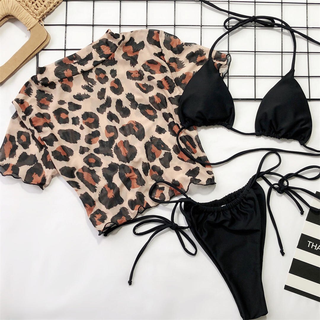 Leopard Mesh Short Sleeve Crop Bikini's