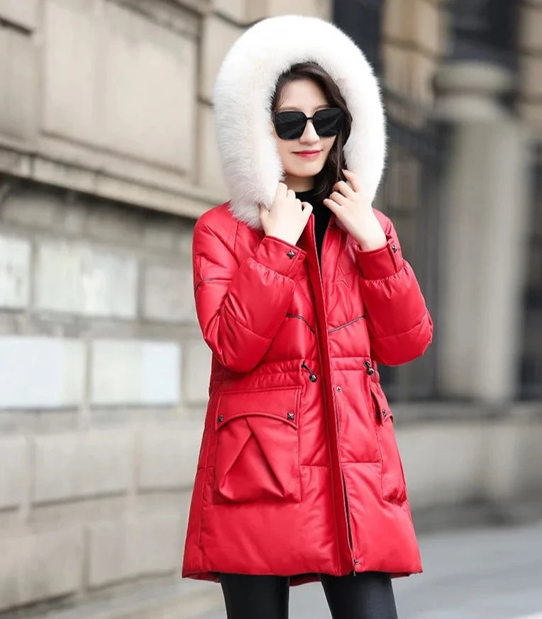 Genuine Leather Real Fur CMid-long Down Coat