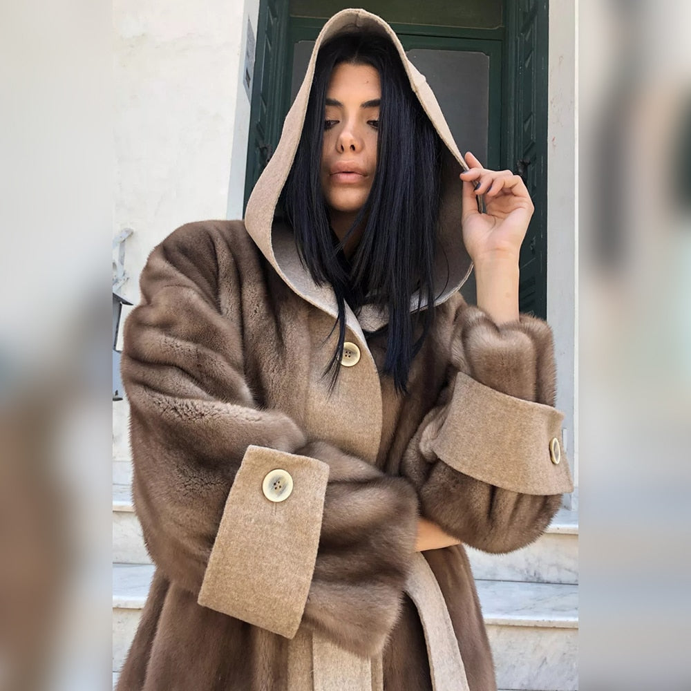 Real Mink Fur Coat & Wool Hood, Trim & Belt